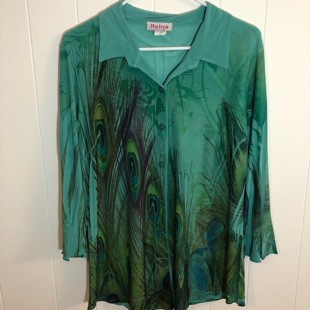 Reina Peacock Pattern Blouse Button Shirt Large